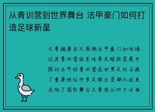 从青训营到世界舞台 法甲豪门如何打造足球新星