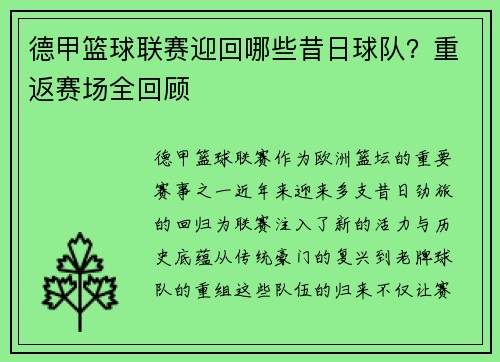 德甲篮球联赛迎回哪些昔日球队？重返赛场全回顾